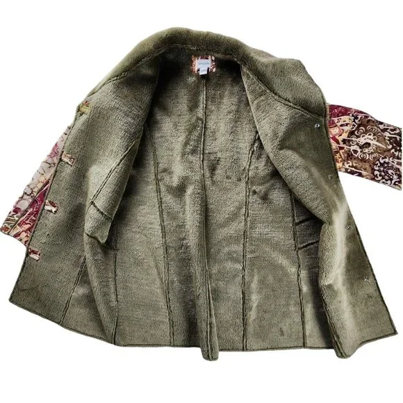 CHICO'S Sage Green Paisley Faux Shearling Suede Jacket Coat Sz 1 Medium 8 10 - Picture 4 of 4